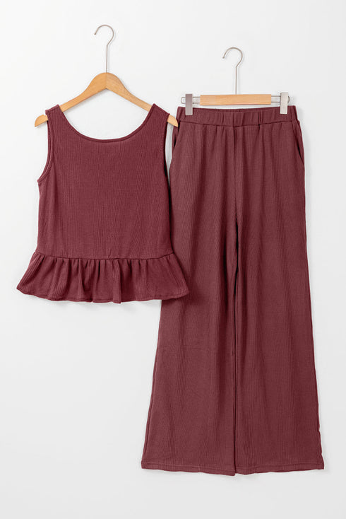 Solid Color Ribbed Ruffle Tank Top and Pants Set